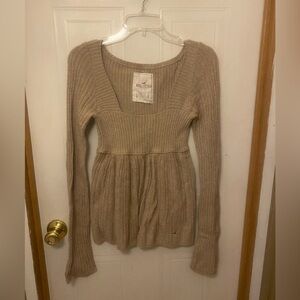 VTG Y2K Hollister Dark Tan Ribbed Knit Babydoll Sweater Rare